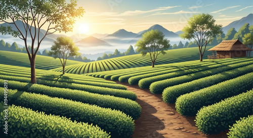 Lush green tea plantation landscape at sunrise with rolling hills and a small cabin.