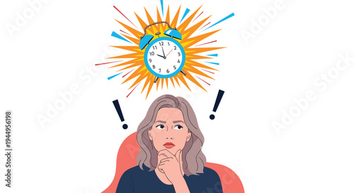 Pensive young woman looking up at an exploding alarm clock thinking about time management, deadlines and daily schedules.