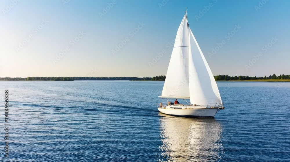 Fototapeta premium A sailboat gliding across calm waters at dusk, peaceful summer sailing, copy space included,
