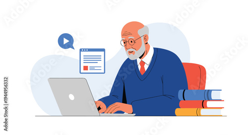 Elderly senior man with a beard and glasses working diligently on a laptop with books and digital windows at a home desk.