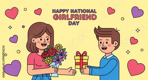 Couple celebrating national girlfriend day with gift and flowers on yellow background