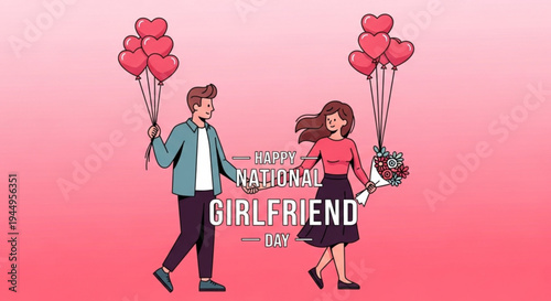 Happy national girlfriend day cartoon couple walking with heart balloons and flowers