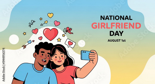 Couple celebrating national girlfriend day with hearts and selfie