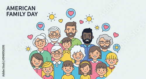 Diverse family group celebrating american family day with love hearts