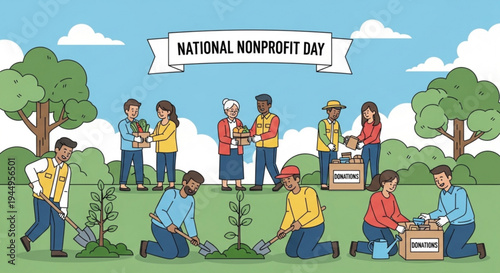 Volunteers planting trees and participating in national nonprofit day community service activities