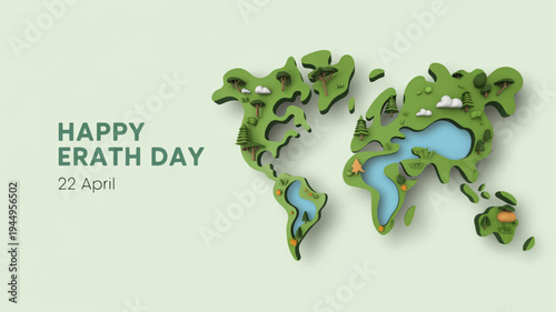 Happy earth day 3d green world map on light green background with blue oceans and continents celebration