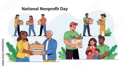 Diverse people donating goods on national nonprofit day volunteering and helping others