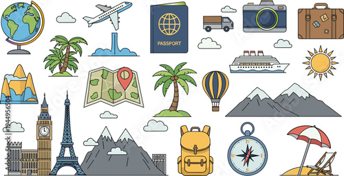 Travel and Tourism Icons Set with Airplane Passport Map Landmarks Beach and Mountains