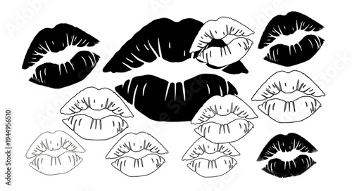 Collection of Black and White Lipstick Kiss Marks.