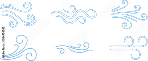 Doodle wind line sketch icon set collection group, hand drawn breeze swirl air flow motion outline symbol, minimal weather element, simple gust, abstract curve design for logo ui infographic.