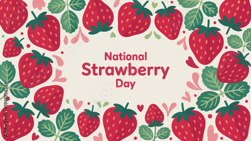 Colorful strawberries and leaves on national strawberry day celebration background with hearts