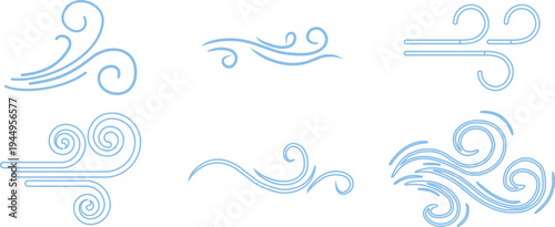 Doodle wind line sketch icon set collection group, hand drawn breeze swirl air flow motion outline symbol, minimal weather element, simple gust, abstract curve design for logo ui infographic.
