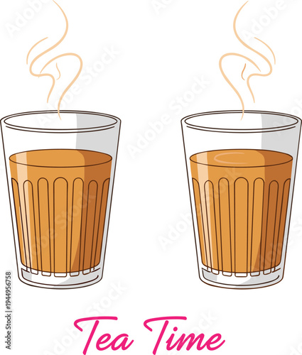 Traditional Indian chai tea glasses with steam tea time beverage vector illustration