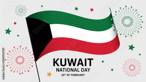 Kuwait national day celebration with flag and fireworks on light gray background