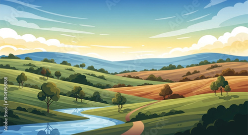 Vibrant rolling hills and winding river under a bright blue sky.