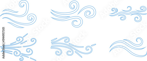 Doodle wind line sketch icon set collection group, hand drawn breeze swirl air flow motion outline symbol, minimal weather element, simple gust, abstract curve design for logo ui infographic.