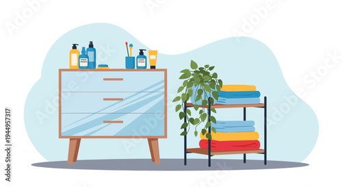 Bathroom interior design with a blue dresser and a shelf containing stacked colorful towels, toiletries, and a green potted plant.