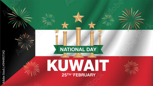 Kuwait national day celebration background with fireworks and flag