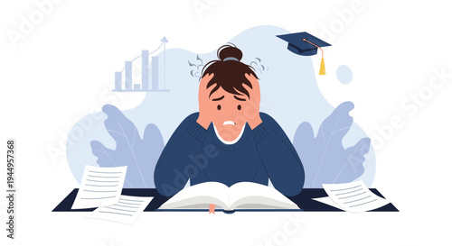 Stressed student sitting at a desk with many books and papers holding her head in frustration while preparing for graduation exams.