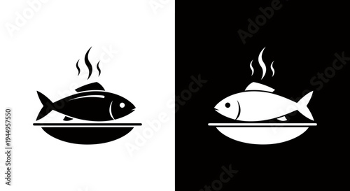 Cooked fish icon showing steam on contrasting white and black backgrounds, a minimal culinary illustration.