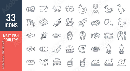 Collection of monochrome line icons depicting meat, fish, and poultry in a food industry theme.