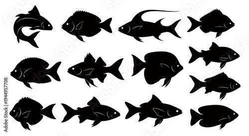 A row of black fish silhouettes swimming together across a white background with bold contrast.
