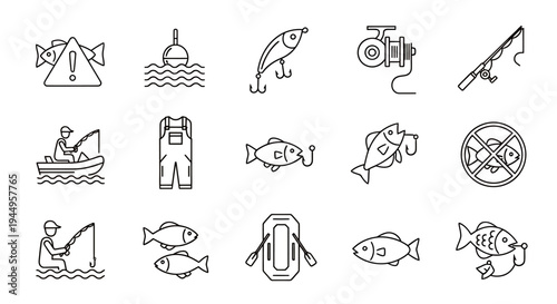 Set of monochrome line icons including animals travel objects and tools for design projects.