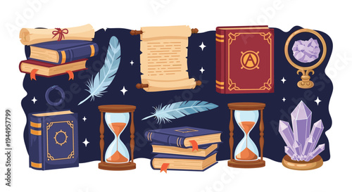 Collection of ancient magical items including old leather books, scrolls, feathers, hourglasses, and purple crystals on a dark sky.