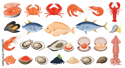 Wide variety of fresh seafood and shellfish including fish, crabs, lobsters, shrimp, oysters, mussels, and caviar on a white background.