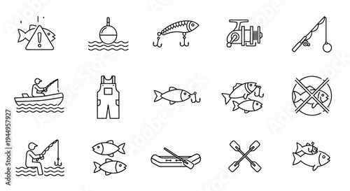 Collection of simple line art icons depicting animals, objects and everyday tools in a minimal doodle style.