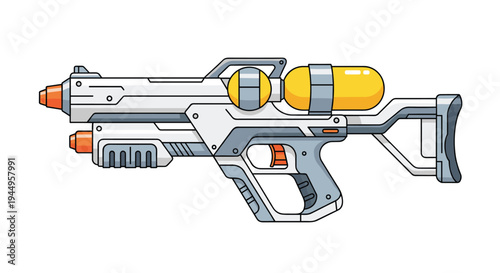 Detailed illustration of a futuristic high-tech water gun or sci-fi weapon in white and orange colors with a yellow pressure tank.
