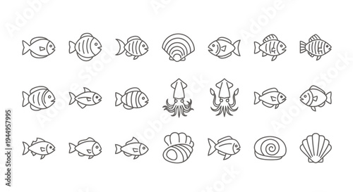 Monochrome Sea Life Icon Set Featuring Fish, Shells, and Ocean Creatures for Design.