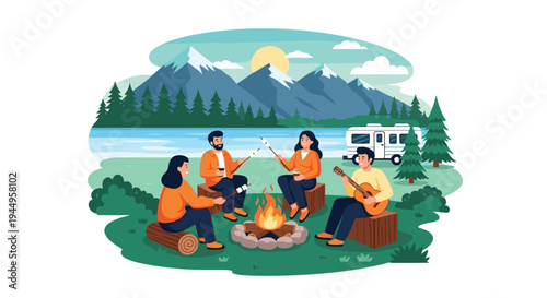 Friends sitting around a campfire by a lake at sunset roasting marshmallows and playing guitar with a camper van in the background.