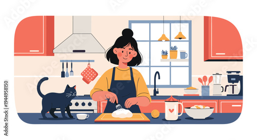 Young woman kneading dough in a cozy kitchen while her black cat watches on a countertop filled with various cooking appliances.