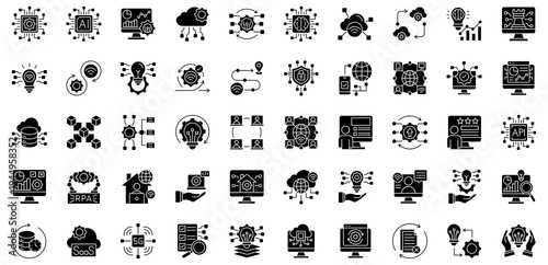 Digital Transformation glyph style icon collection. Vector illustrations. Digital Transformation, Cloud Computing, AI Integration, Data Analytics. Professional vectors.