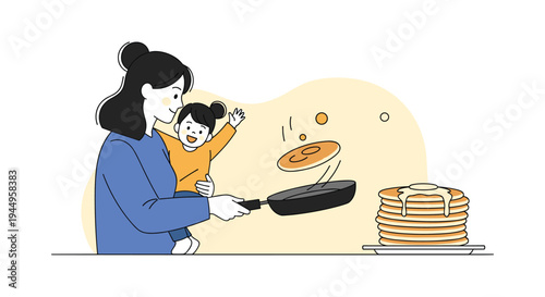 Happy mother holding her young daughter while flipping a pancake in a pan with a large stack of ready pancakes on a plate nearby.