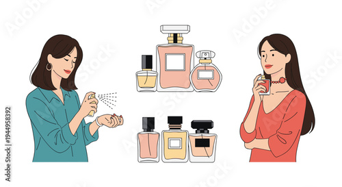 Two women testing and smelling different perfume bottles while shopping for a new fragrance in a bright and elegant setting.