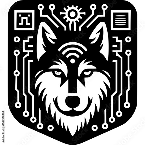 Cyber Wolf: A striking emblem showcases a digital wolf, seamlessly blending technology with the primal spirit, embodying innovation and vigilance. 