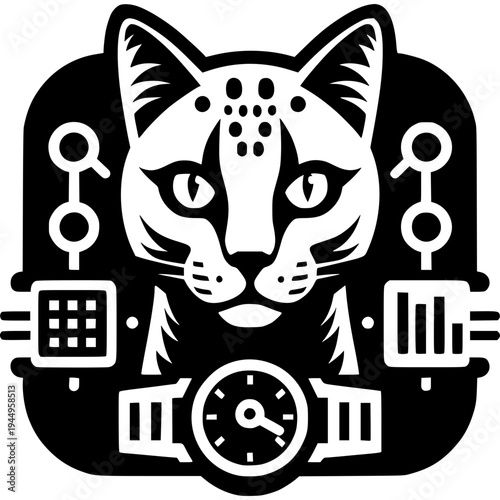 Cat Design for Technical Innovation: A captivating and intricately designed illustration featuring a stylized feline face intertwined with technical and mechanical elements.