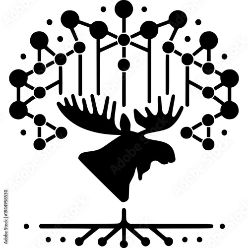 Elegant Moose Symbol: A minimalist illustration features the silhouette of a majestic moose adorned with a complex network, symbolizing connection and nature. 