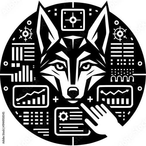 Fox in technology circle: A clever digital fox illustration set within a circular design, surrounded by data elements, graphs, charts, and digital interface icons.