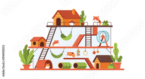 Elaborate multi-level hamster cage habitat with little hamsters, houses, tunnels, running wheels, and hammocks for pet entertainment.