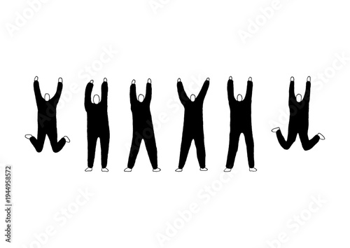 思いっきり手を伸ばして万歳をする人物のゆるい黒の手描きイラストセット