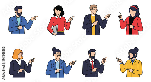 Set of diverse people in various professional and casual outfits pointing their fingers towards the right side on a white background.