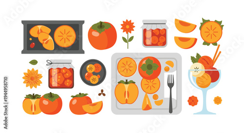 Large flat lay set of persimmon fruit items including fresh whole fruits, slices, jam jars, flowers, and a sweet dessert bowl.