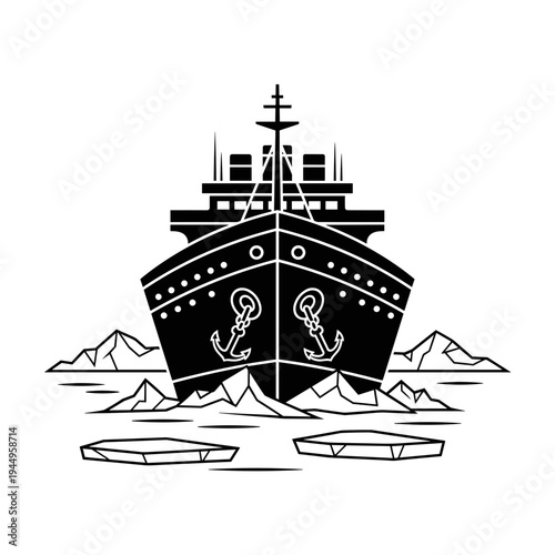 Black and white ship illustration with mountains backdrop