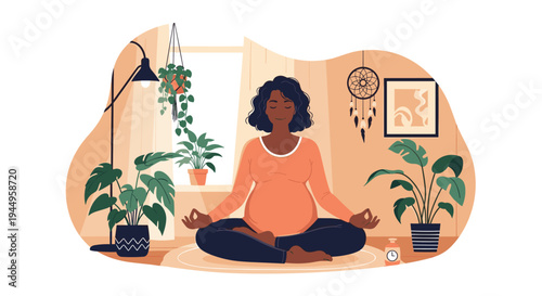 Pregnant woman sitting in a lotus position on a rug meditating in a cozy room filled with green houseplants for wellness and health.