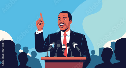 Professional politician in a suit giving an inspiring speech from a podium with microphones in front of a silhouette audience.