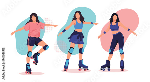 Three active women enjoying roller skating together in colorful outfits while showing their skills on a light background with shapes.