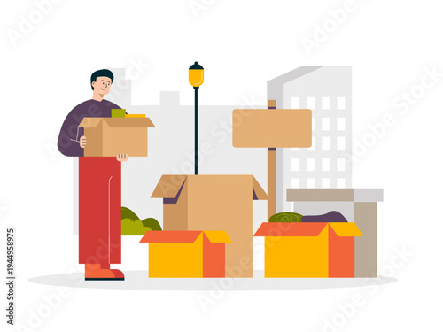 A man is preparing or packing his personal belongings to be donated. Helping people illustrations. Flat vector concepts.
